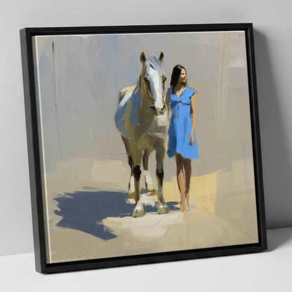 Sunlit Serenity horse & rider canvas wall art in black frame