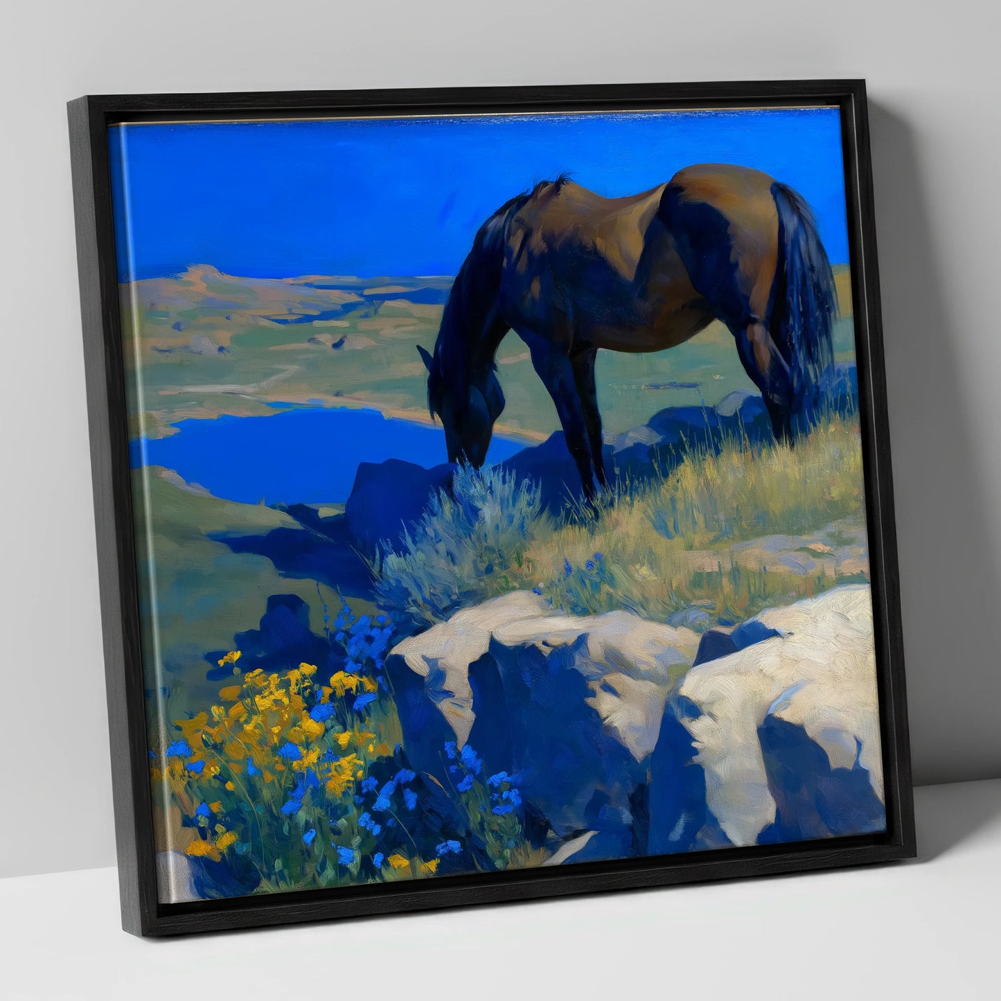 Cobalt Horizon Grazing horse landscape canvas wall art in black frame