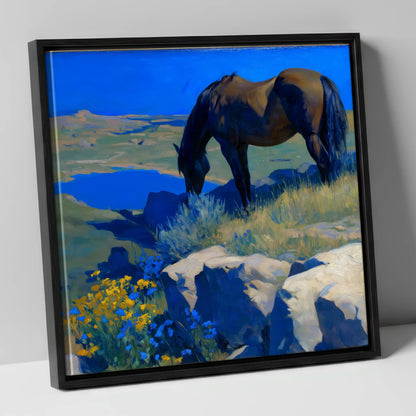 Cobalt Horizon Grazing horse landscape canvas wall art in black frame