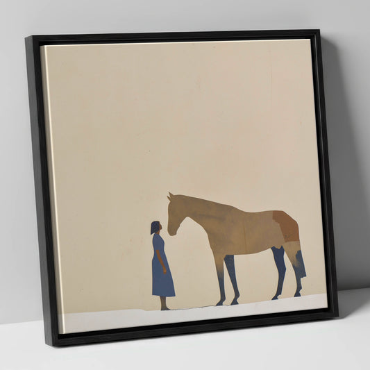 Silent Conversation horse & rider canvas wall art in black frame