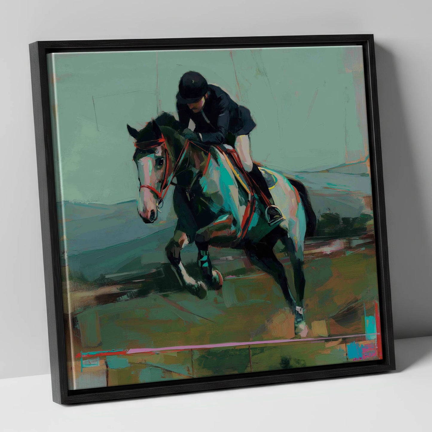 The Bold Clear show jumping horse canvas wall art in black frame