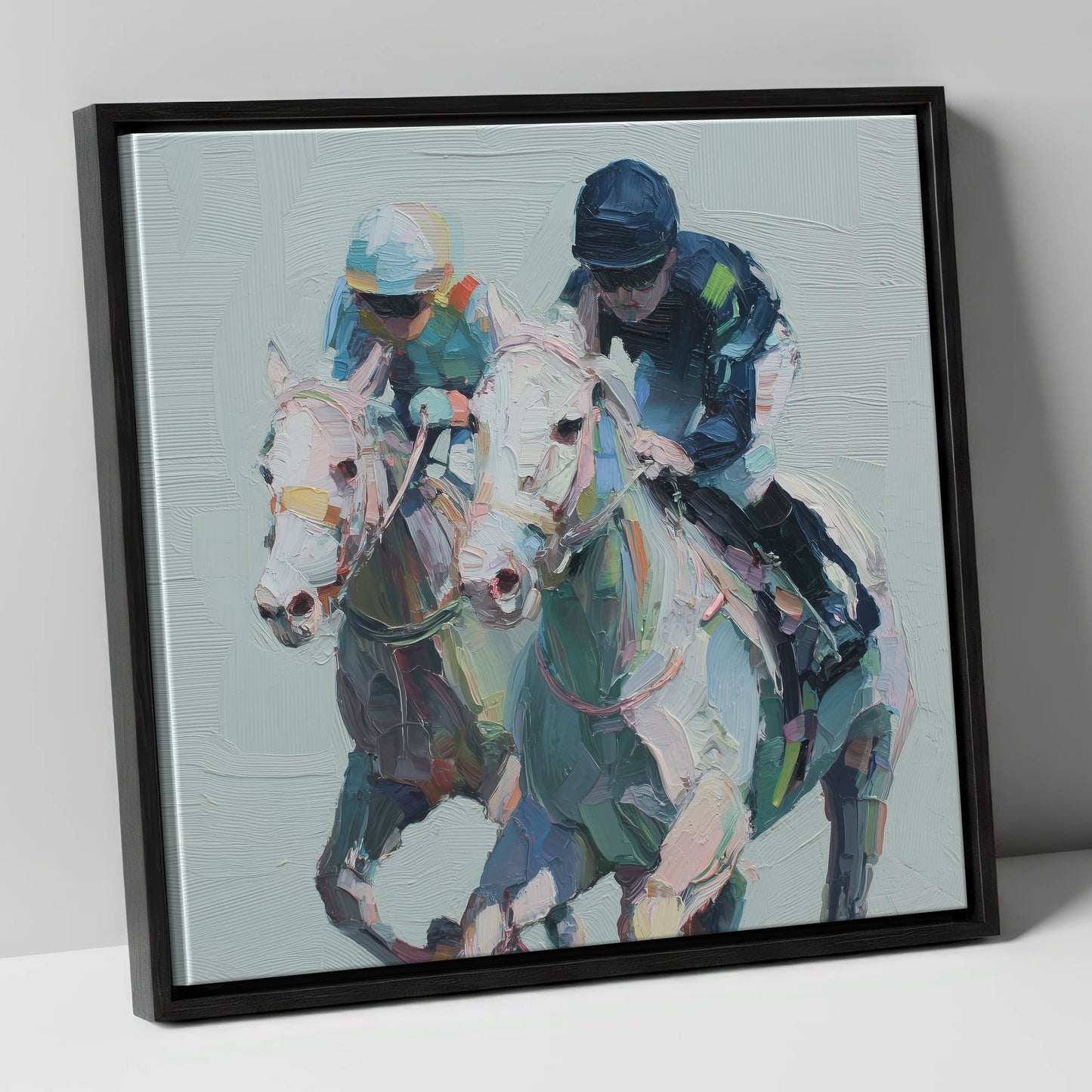 The Final Furlong racing horse canvas wall art in black frame