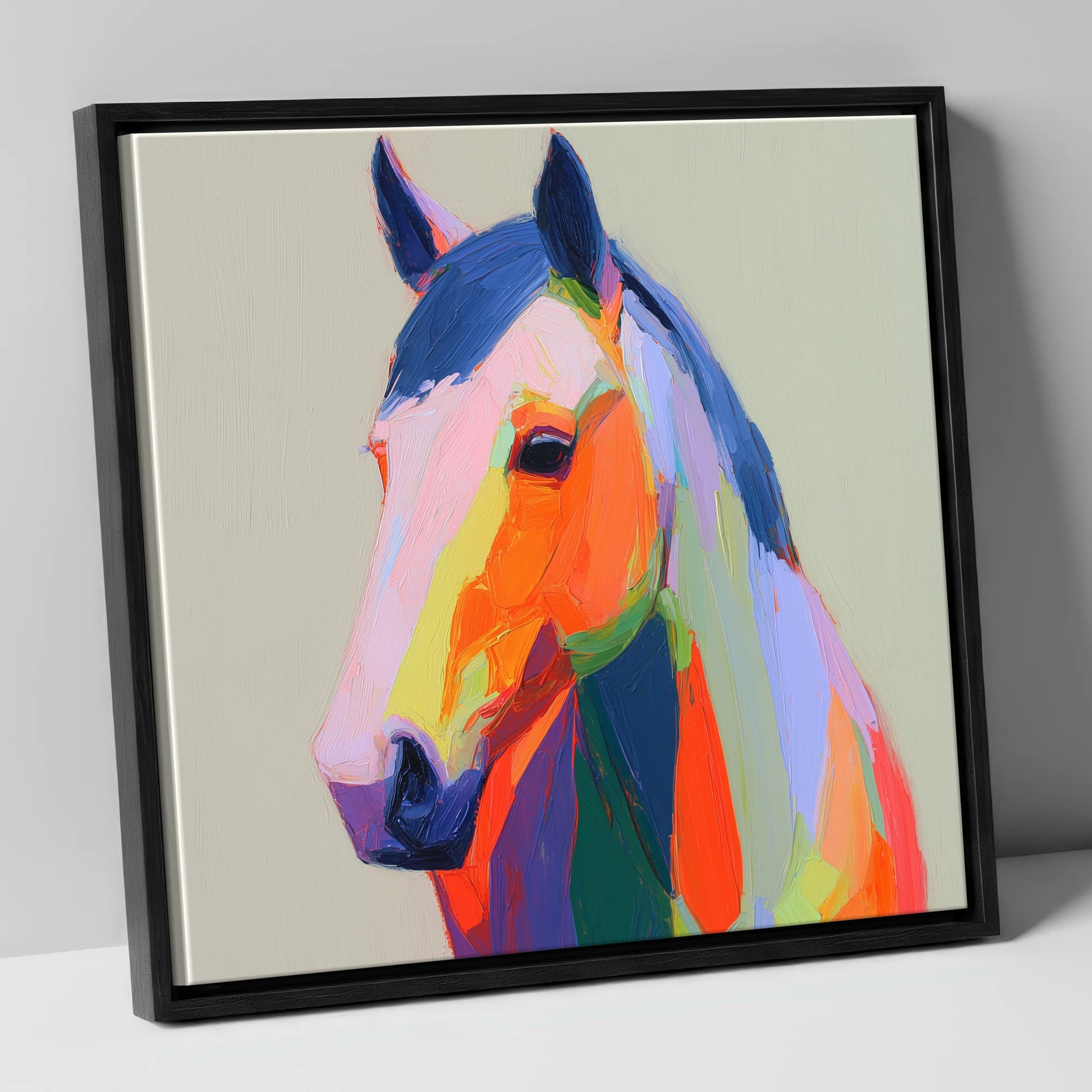 Vivid Technicolour Spirit horse portrait canvas wall art in black frame
