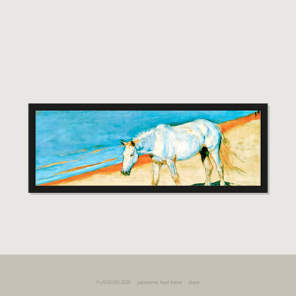 Cerulean Coastline Horse Landscape panoramic canvas wall art in black float frame