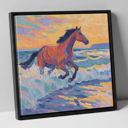 Painted Tide Canter beach horse canvas wall art in black frame