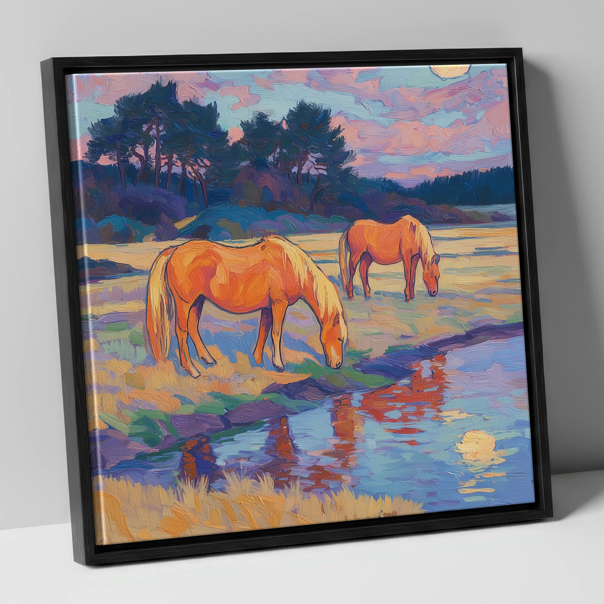 Evening Pasture Reflections horse landscape canvas wall art in black frame