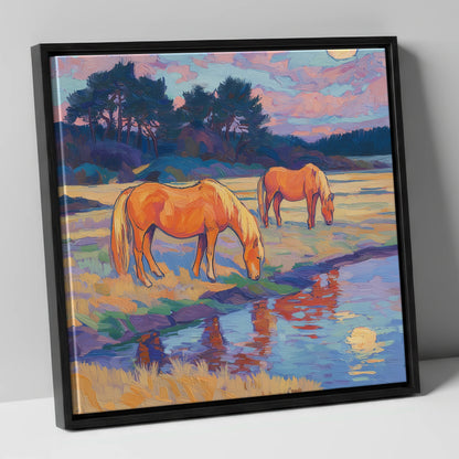 Evening Pasture Reflections horse landscape canvas wall art in black frame