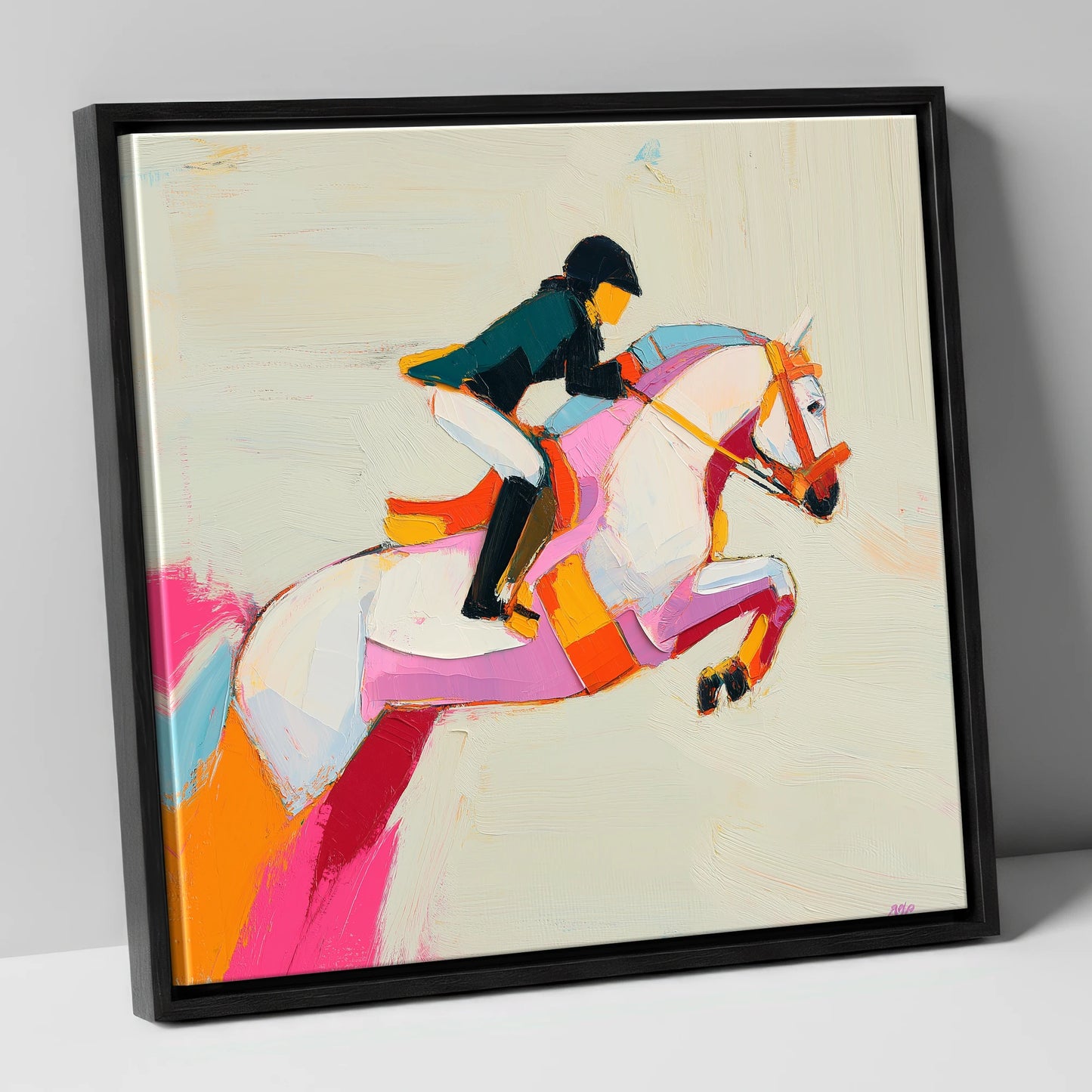 Vivid Bascule show jumping horse canvas wall art in black frame
