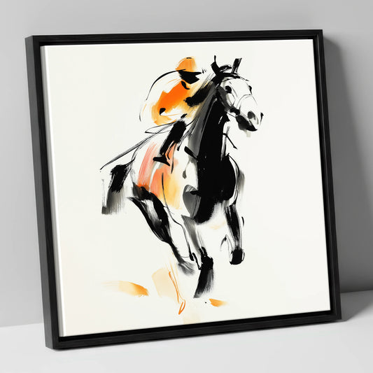 The Amber Sprint racing horse canvas wall art in black frame