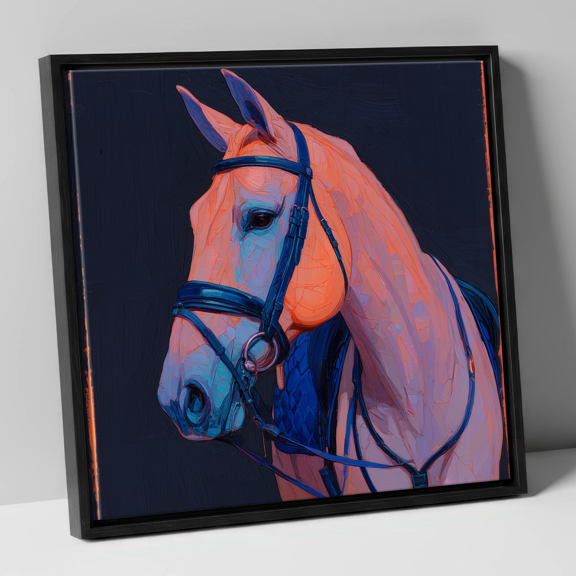 Midnight and Peach Profile horse portrait canvas wall art in black frame