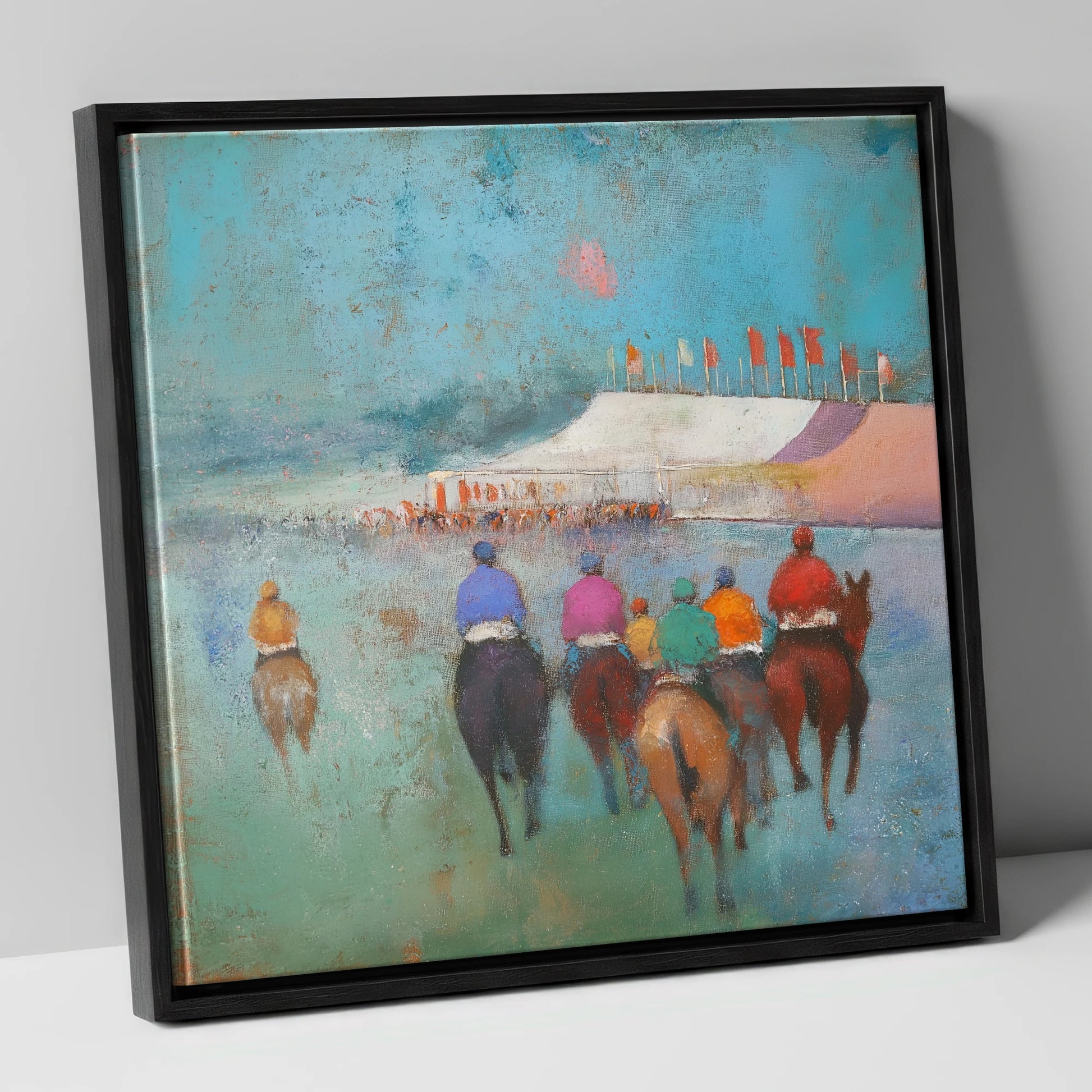 Heading to the Post racing horse canvas wall art in black frame