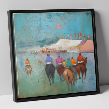 Heading to the Post racing horse canvas wall art in black frame