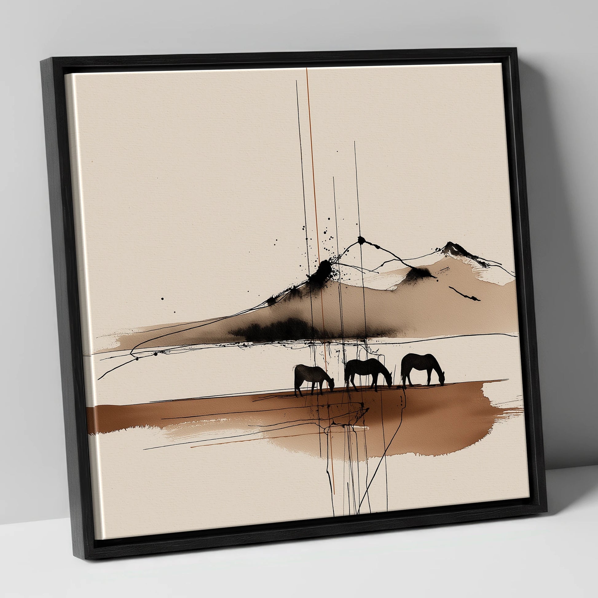 Serene Grazing Horizon horse landscape canvas wall art in black frame