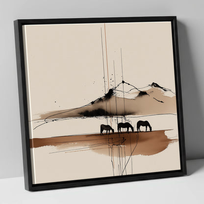 Serene Grazing Horizon horse landscape canvas wall art in black frame