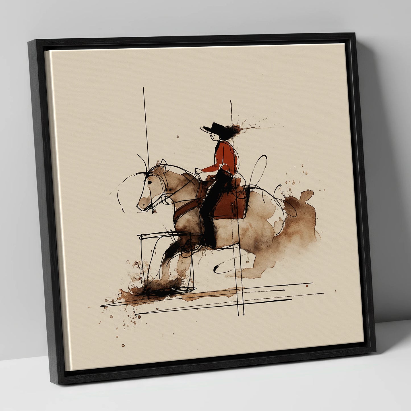 Crimson Western Rider western horse canvas wall art in black frame