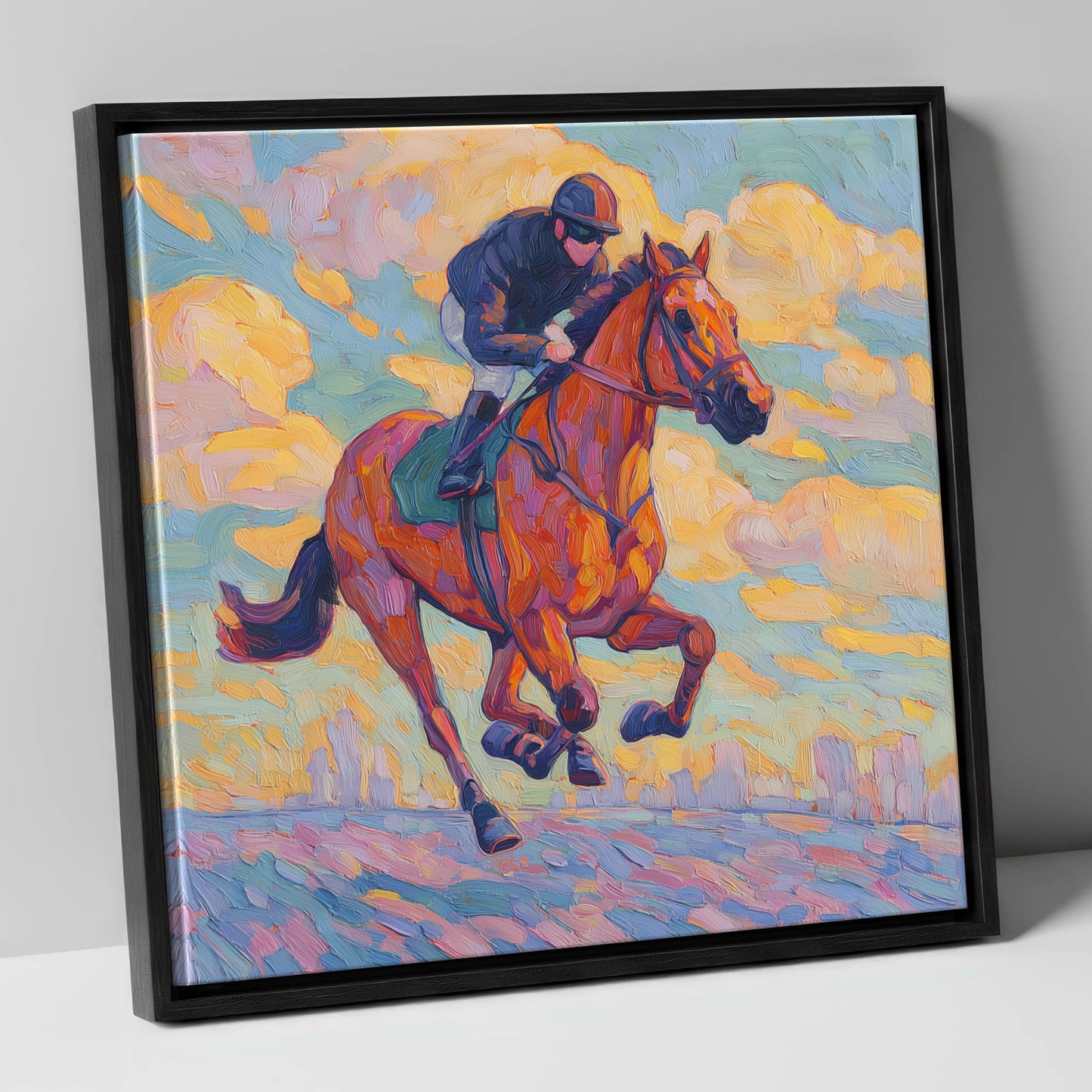 Technicolour Gallop racing horse canvas wall art in black frame