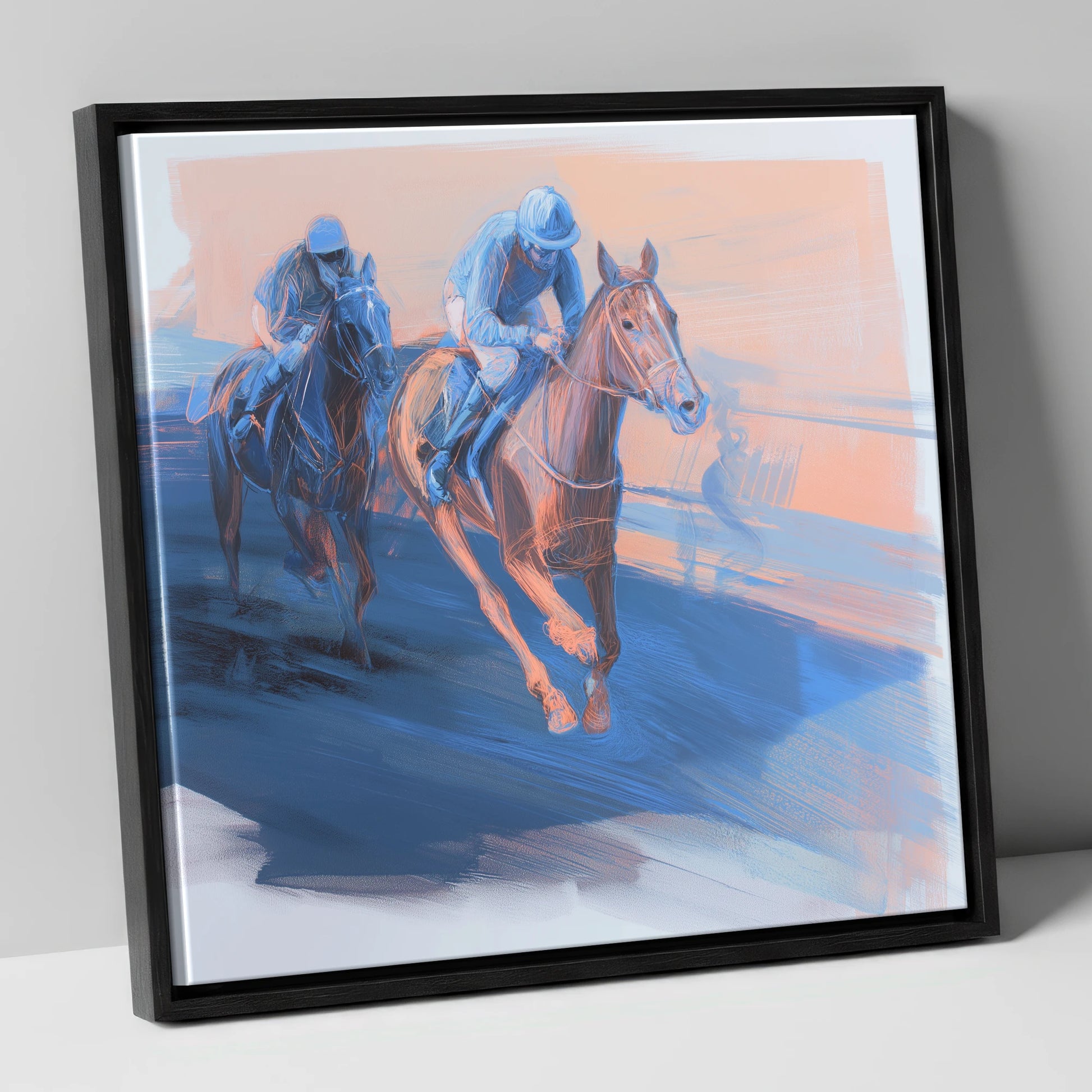 The Blue Furlong racing horse canvas wall art in black frame