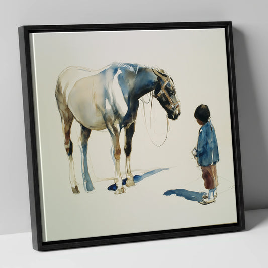 Silent Accord horse & rider canvas wall art in black frame