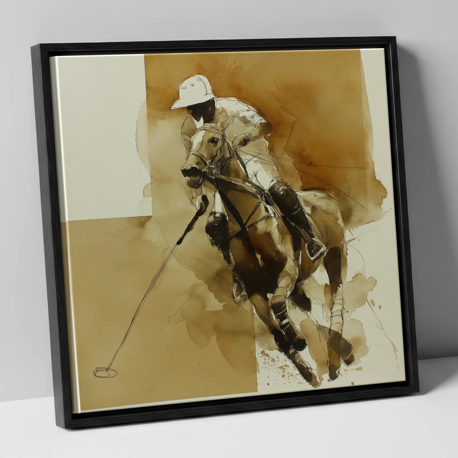 Sepia Polo Charge polo horse canvas wall art in black frame