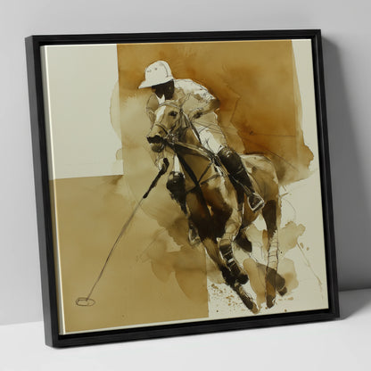 Sepia Polo Charge polo horse canvas wall art in black frame