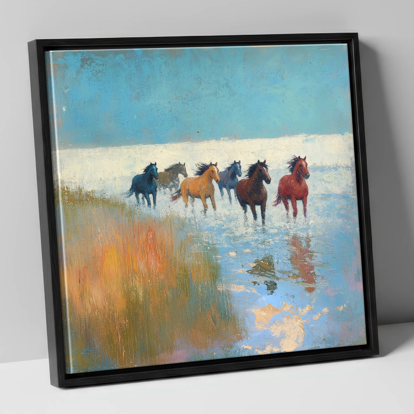 Through the Shallows wild horses canvas wall art in black frame