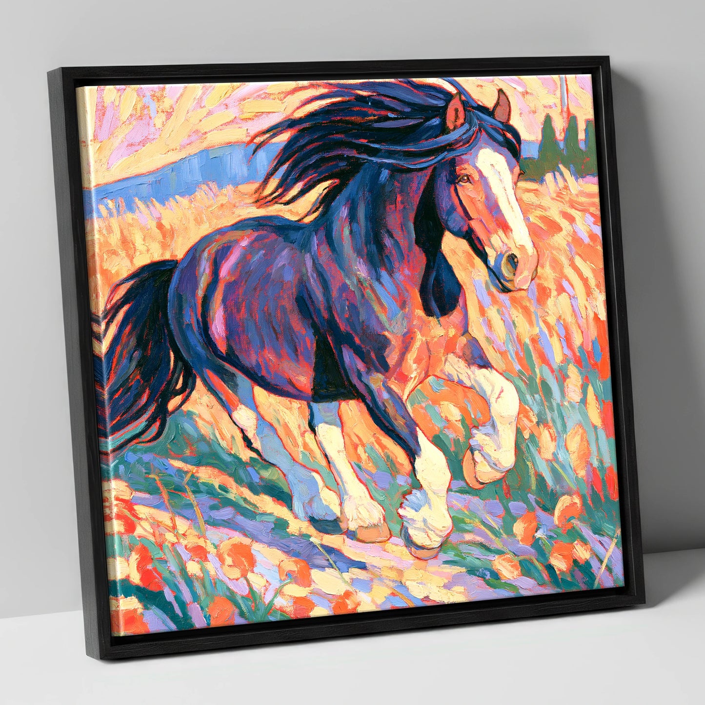 Colourful Cantering Heavy Horse horse breed canvas wall art in black frame