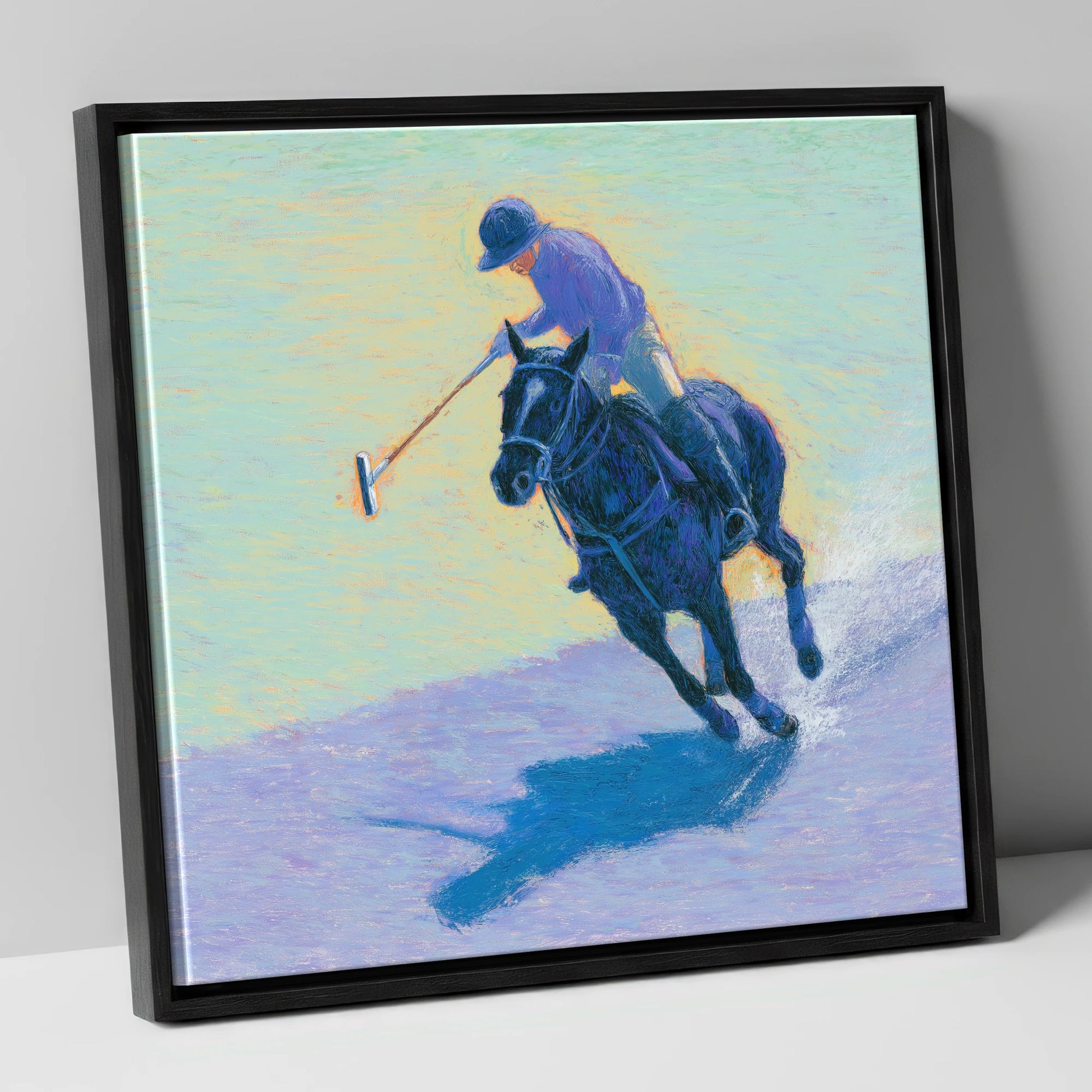 The Indigo Chukka polo horse canvas wall art in black frame