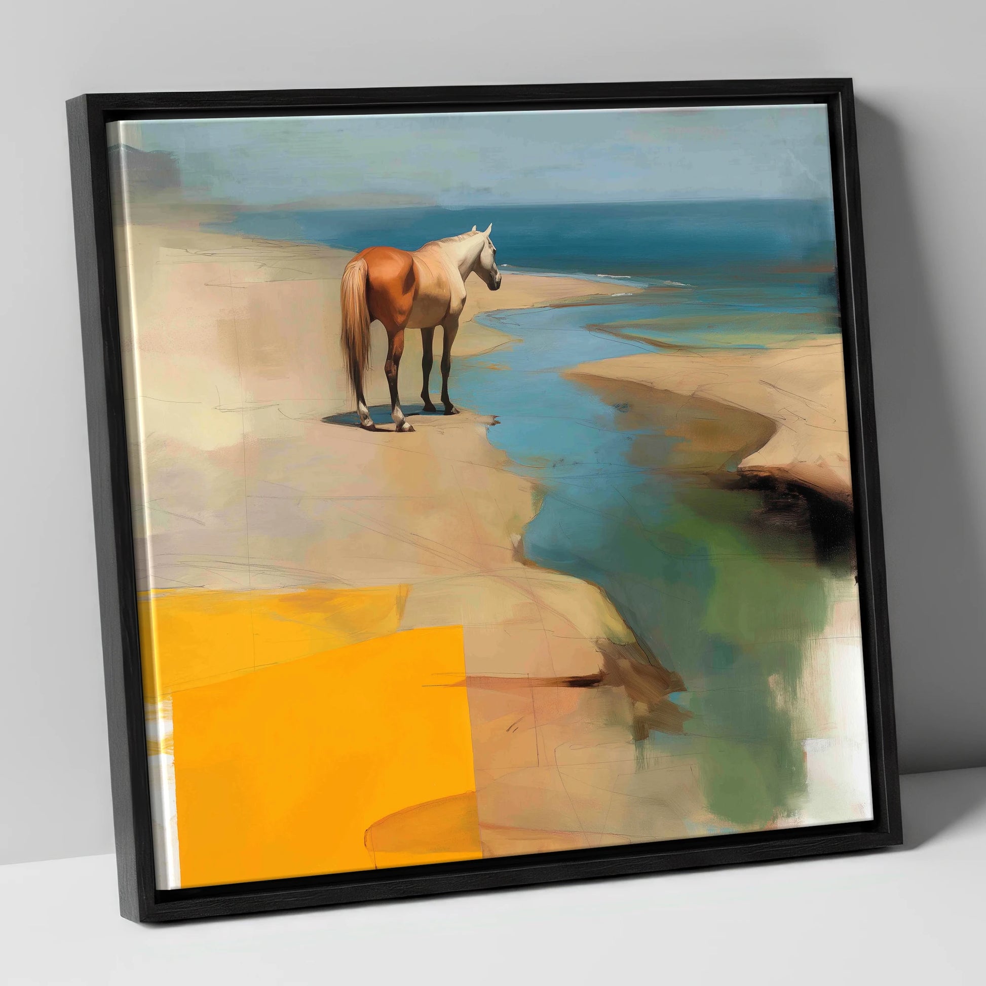 Golden Shoreline Solitude horse landscape canvas wall art in black frame