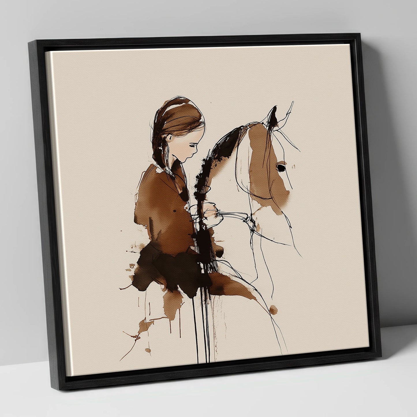Quiet Bond horse & rider canvas wall art in black frame
