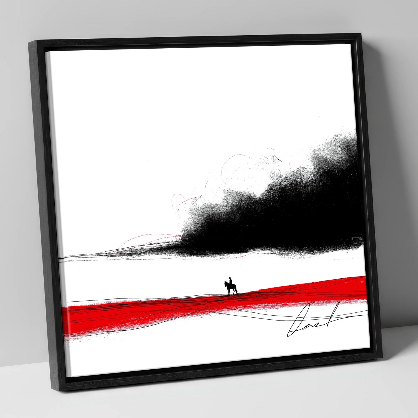 Crimson Horizon Silhouette western horse canvas wall art in black frame