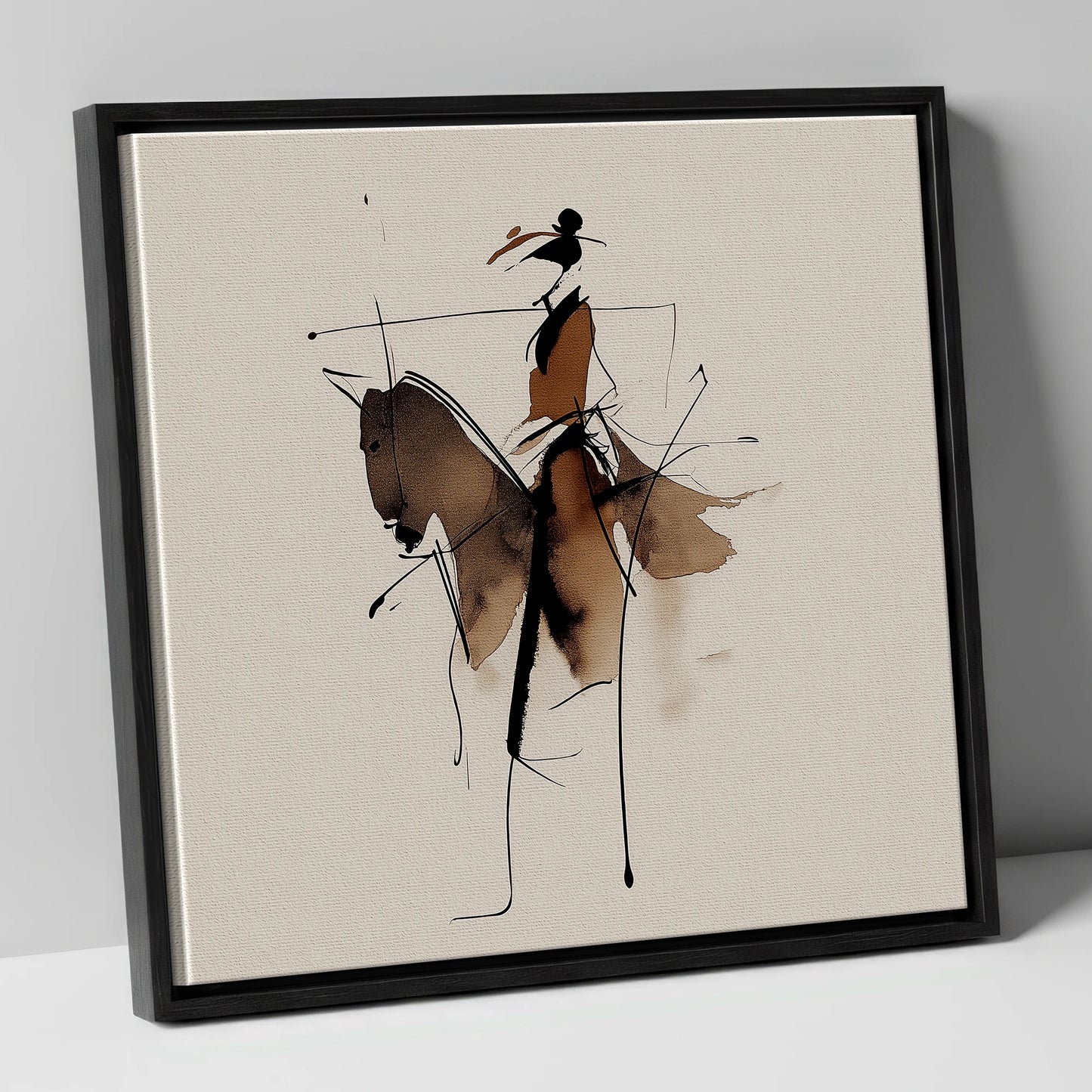 Abstract Sepia Rider horse & rider canvas wall art in black frame