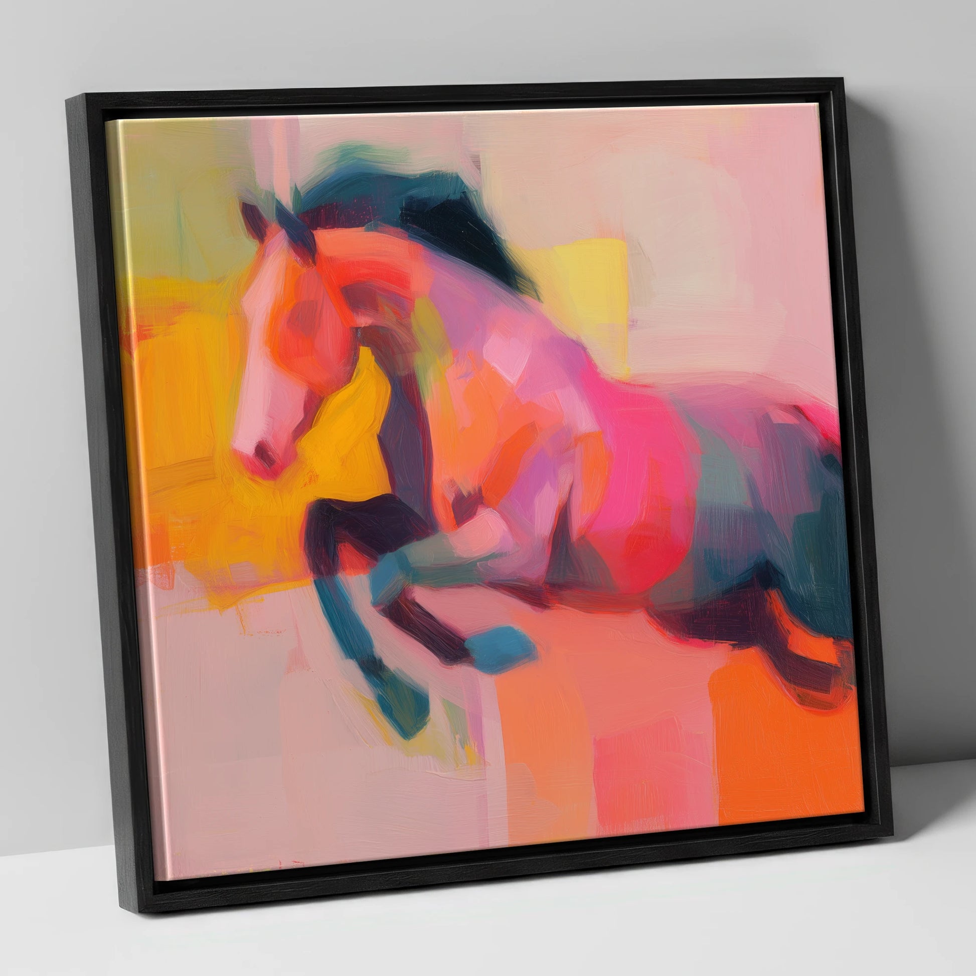 Fiery Leap show jumping horse canvas wall art in black frame