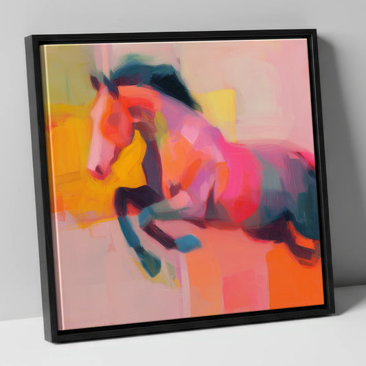 Fiery Leap show jumping horse canvas wall art in black frame