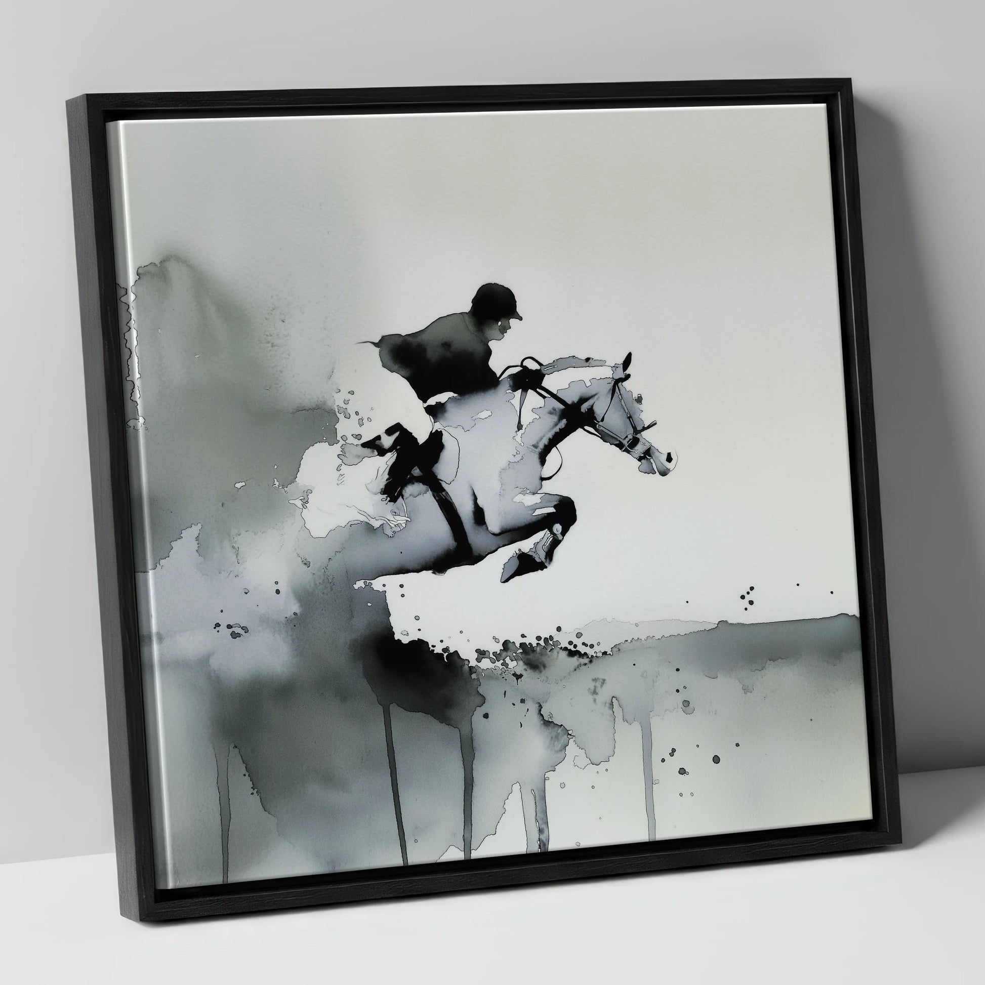 Airborne Shadows show jumping horse canvas wall art in black frame