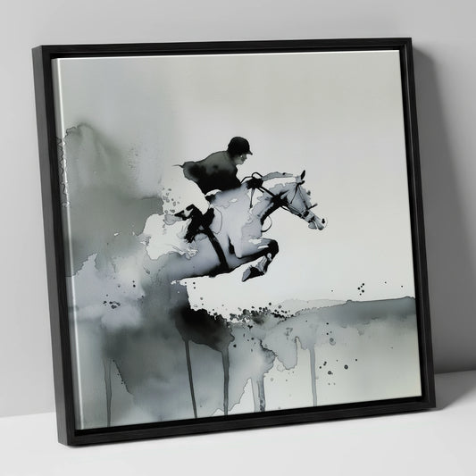 Airborne Shadows show jumping horse canvas wall art in black frame