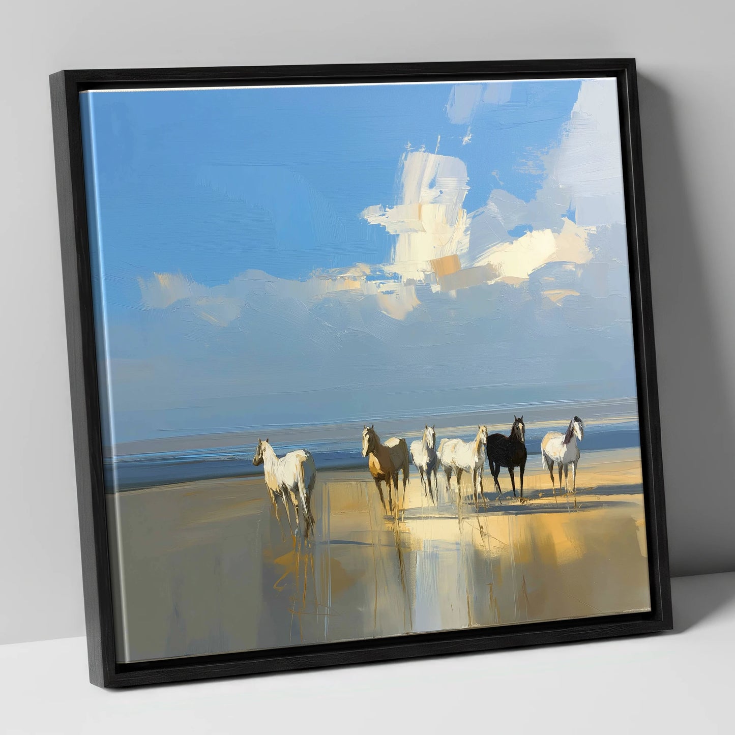 Sunlit Coastal Herd horse landscape canvas wall art in black frame