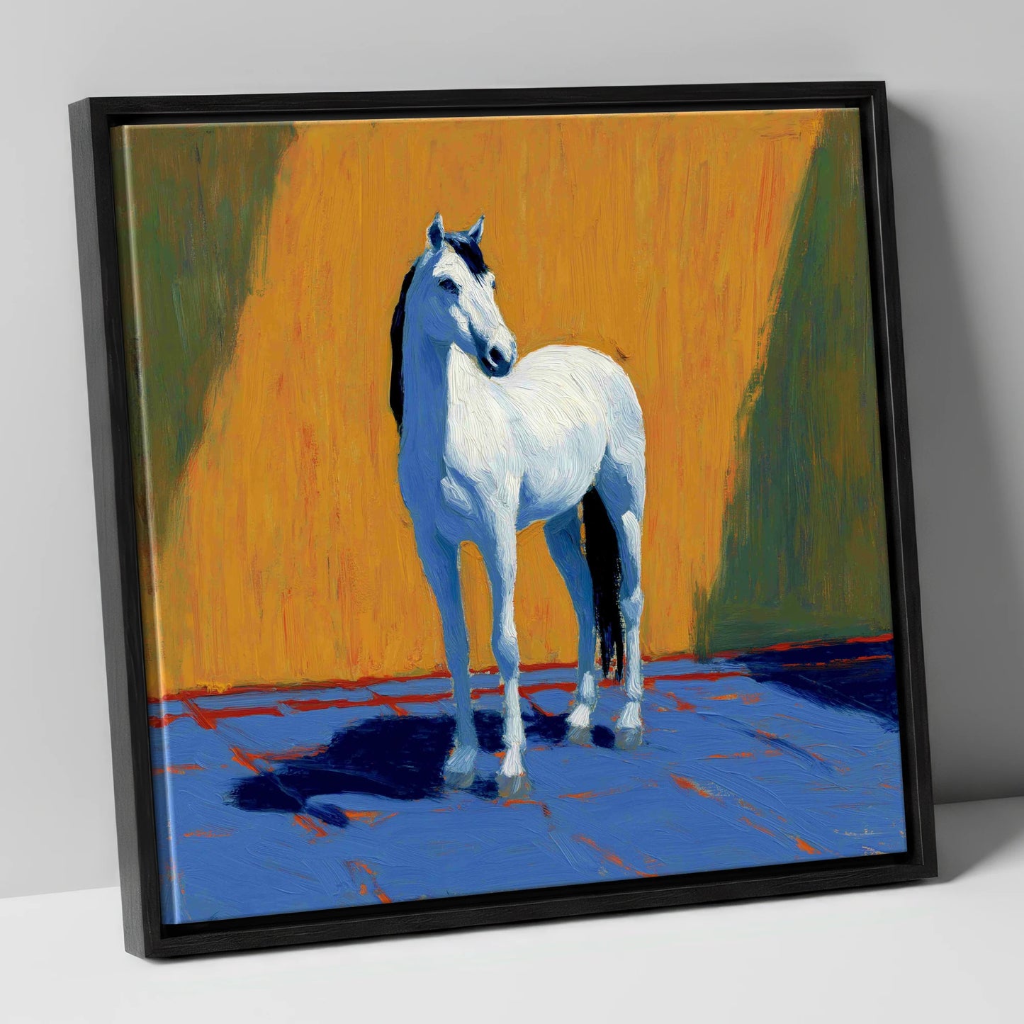 Sun-Drenched White horse breed canvas wall art in black frame