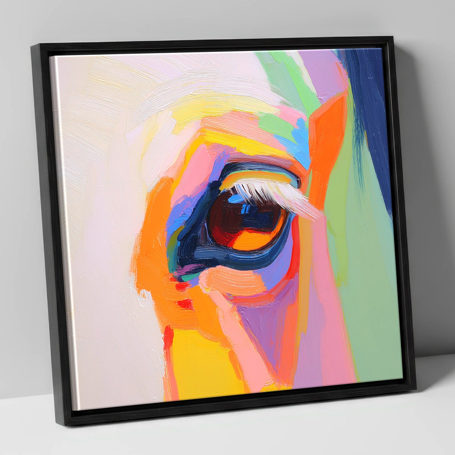 Kaleidoscopic Gaze horse portrait canvas wall art in black frame