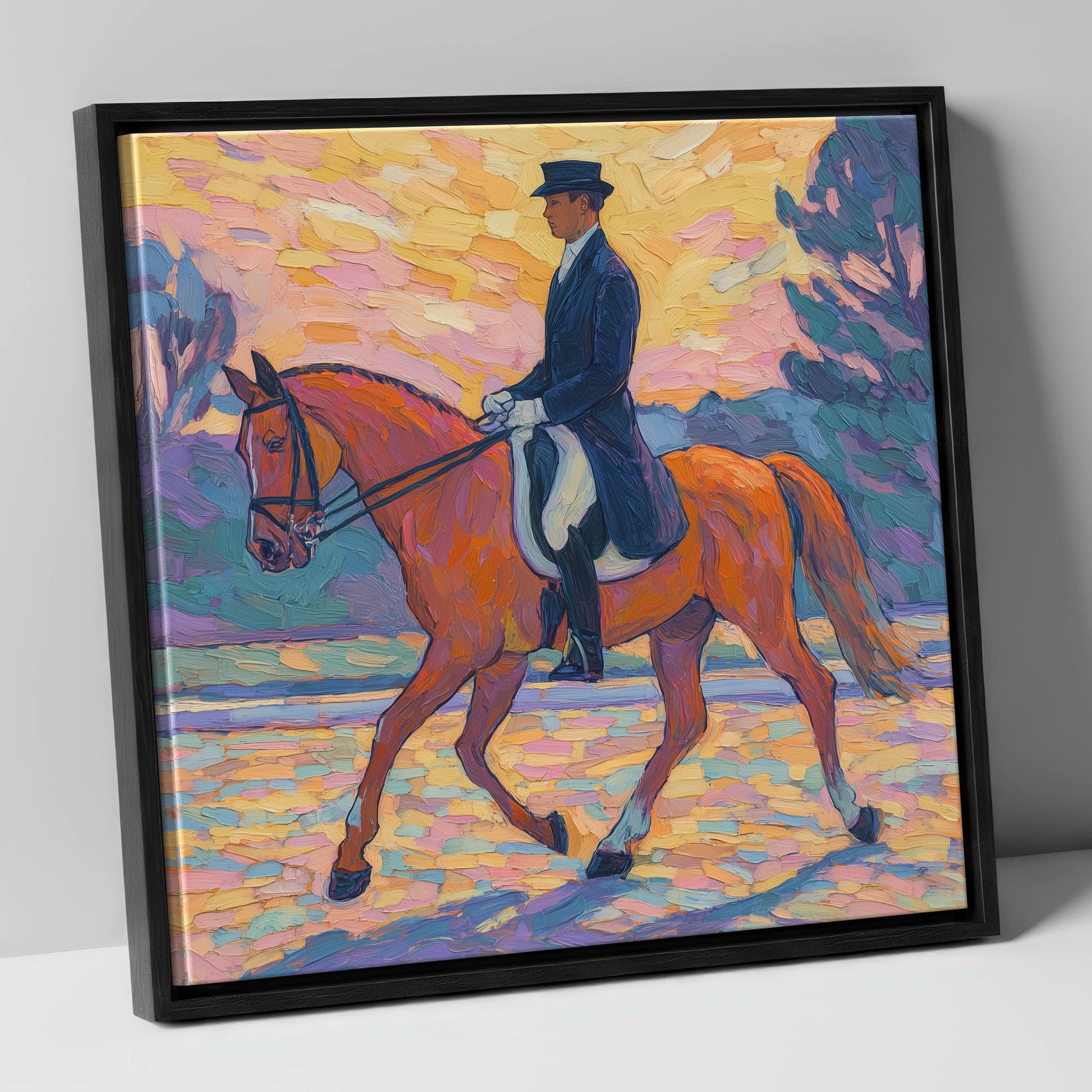 Painted Dressage Elegance dressage horse canvas wall art in black frame