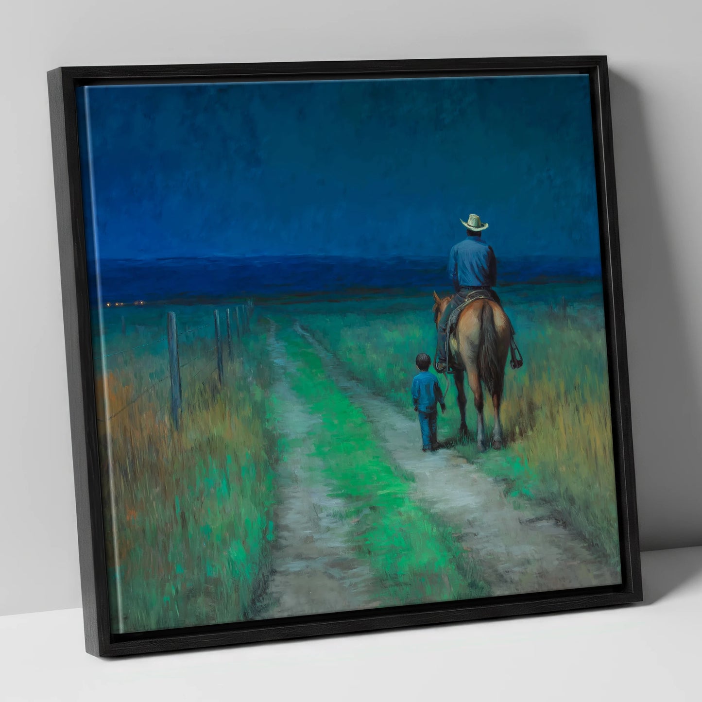 Nightfall Companions horse & rider canvas wall art in black frame