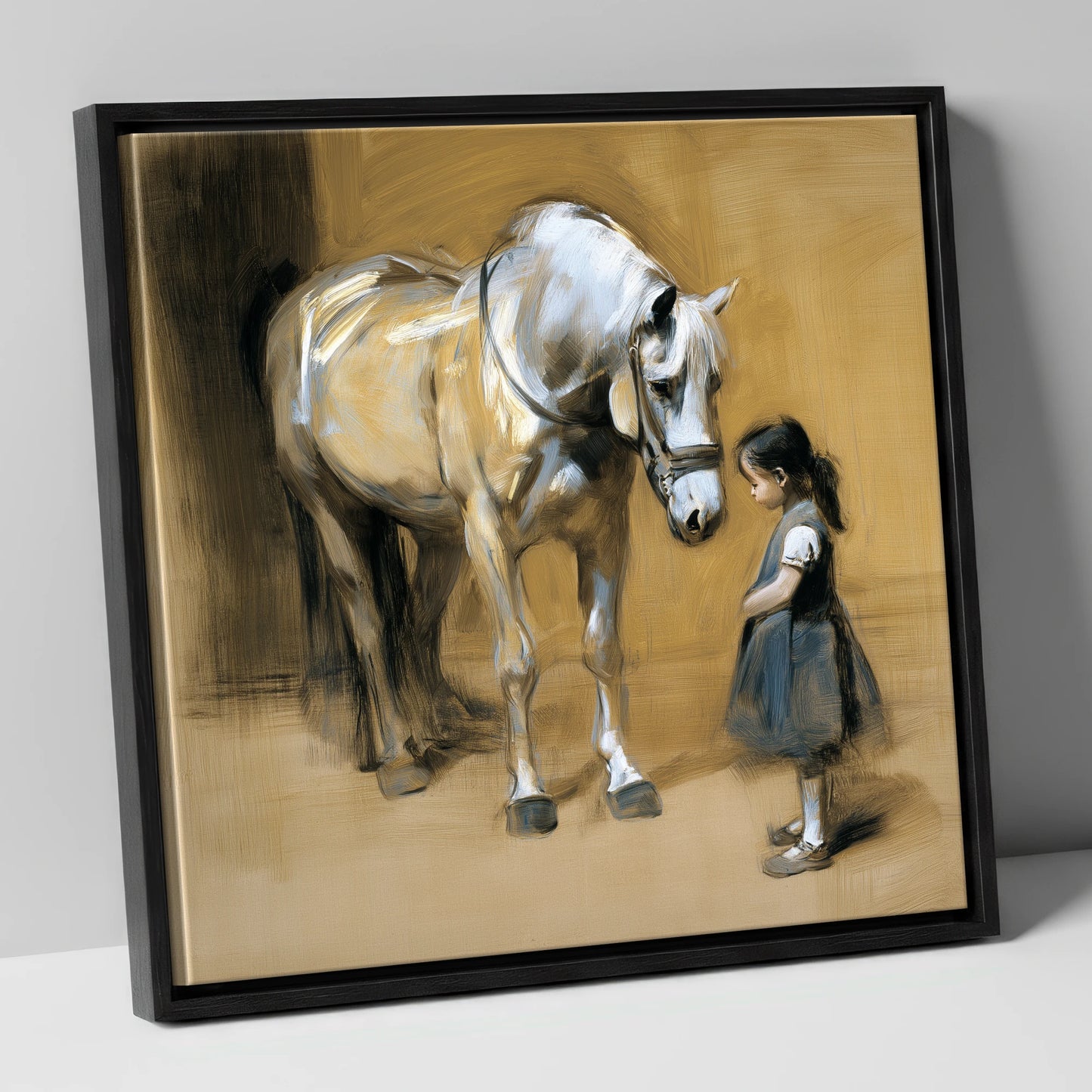 A Quiet Greeting horse & rider canvas wall art in black frame