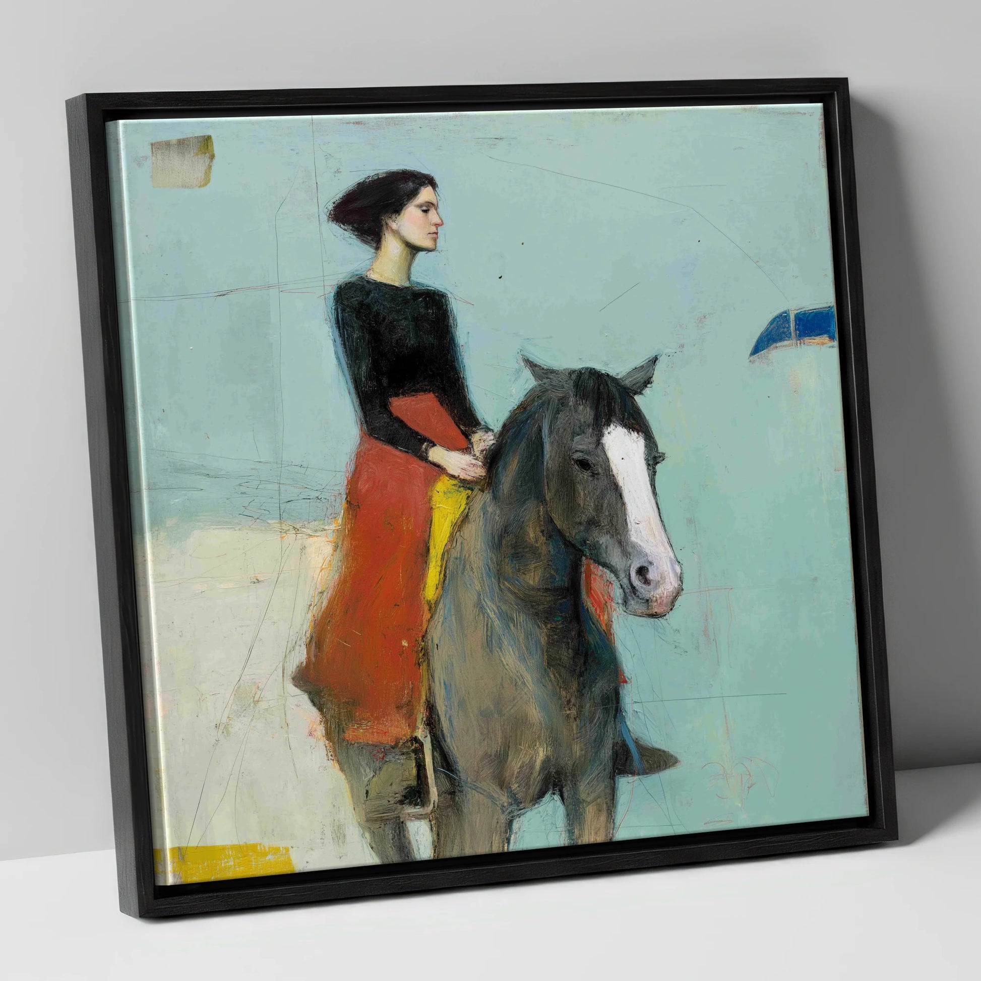 Poised in Profile horse & rider canvas wall art in black frame