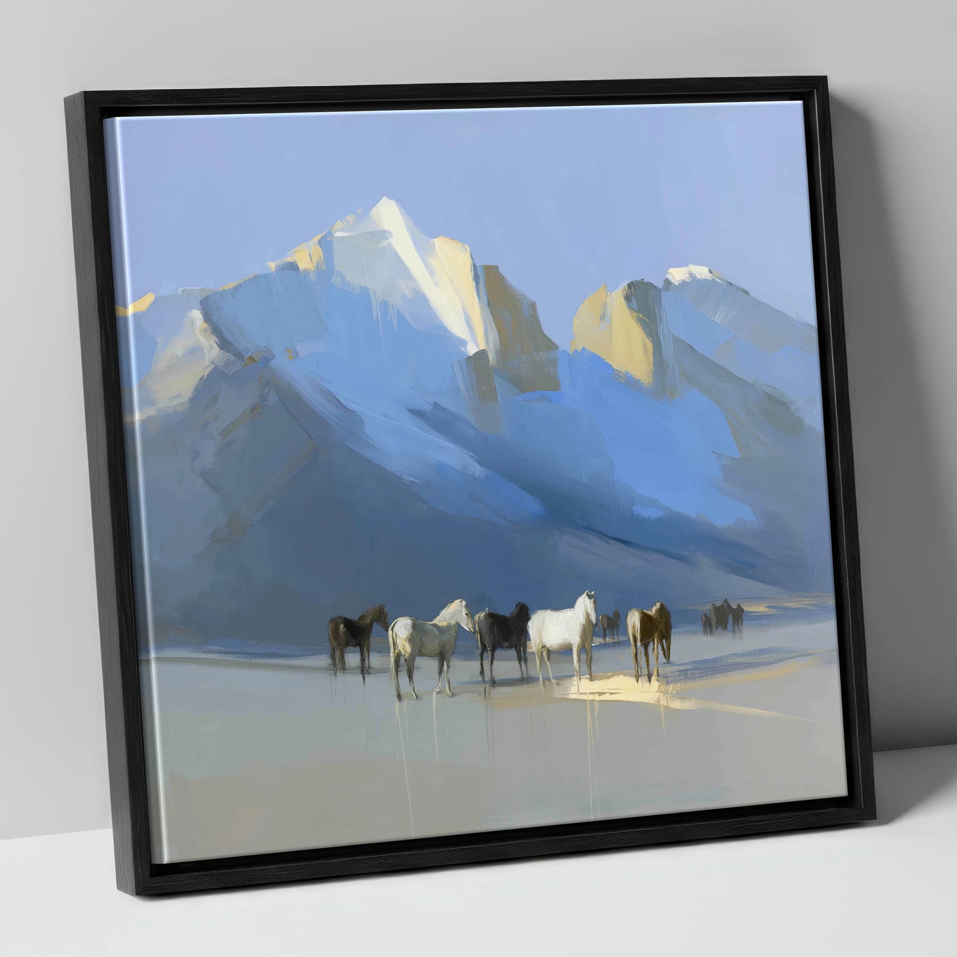 Glacial Heights horse landscape canvas wall art in black frame