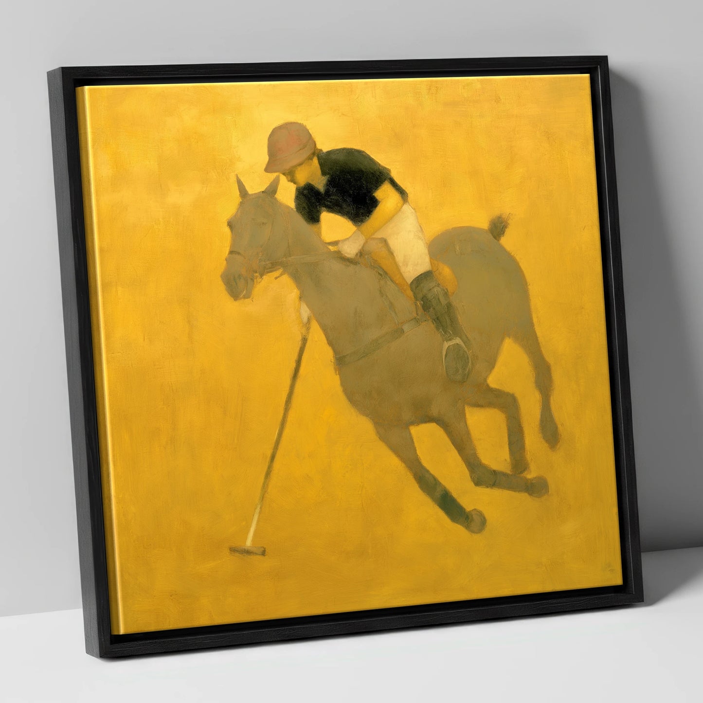Golden Chukka polo horse canvas wall art in black frame