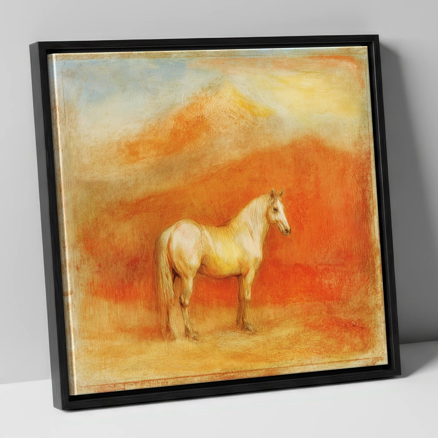 Ethereal Mountain Grey horse portrait canvas wall art in black frame