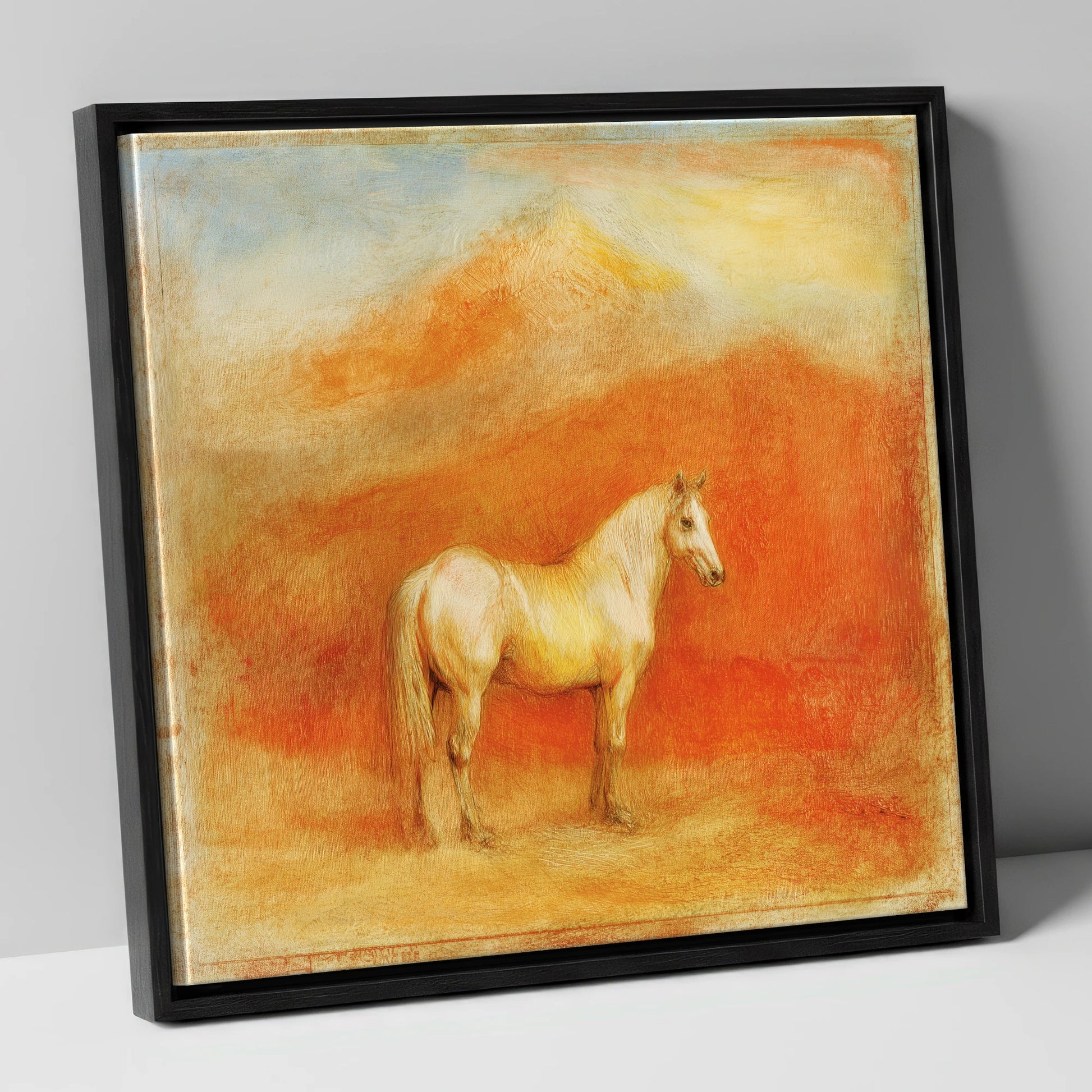 Ethereal Mountain Grey horse portrait canvas wall art in black frame