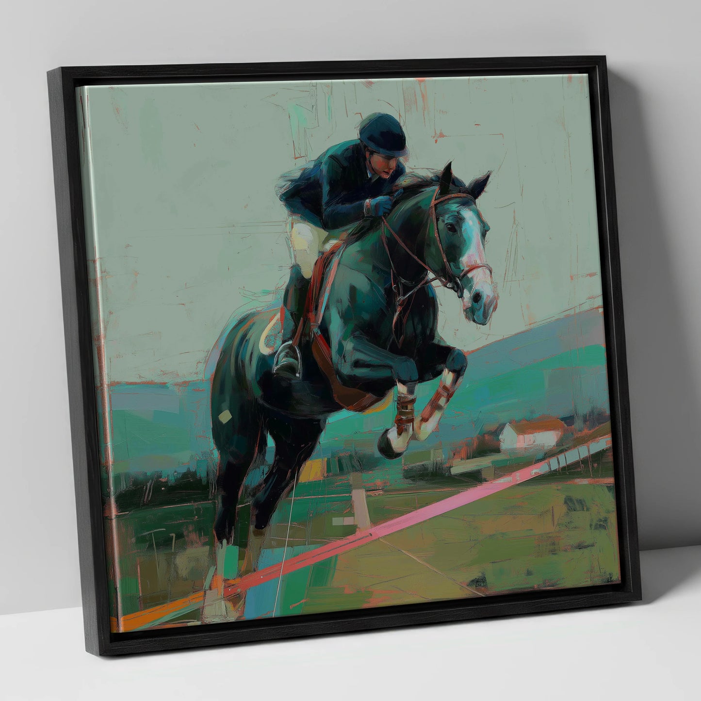 Midnight Flight show jumping horse canvas wall art in black frame