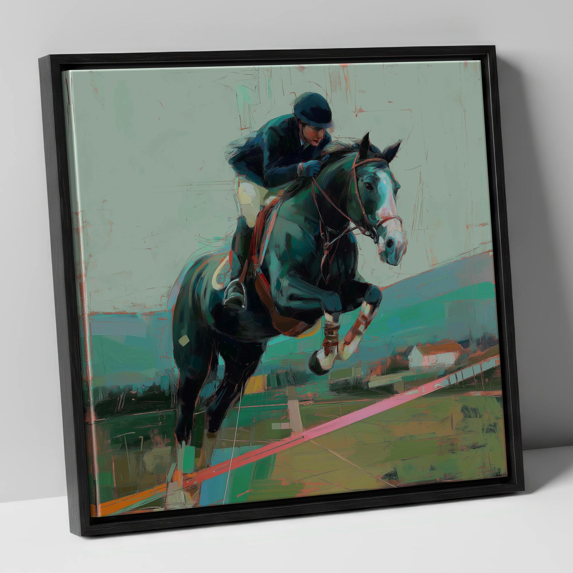Midnight Flight show jumping horse canvas wall art in black frame