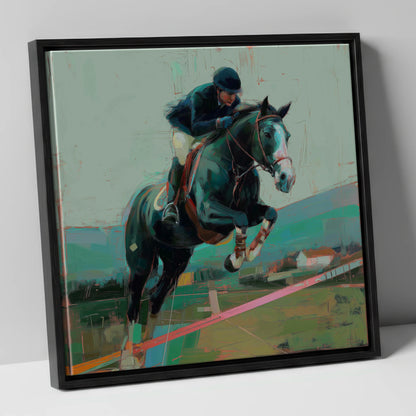 Midnight Flight show jumping horse canvas wall art in black frame