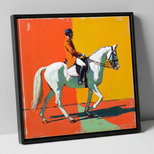 Vibrant Dressage Horse on Orange dressage horse canvas wall art in black frame
